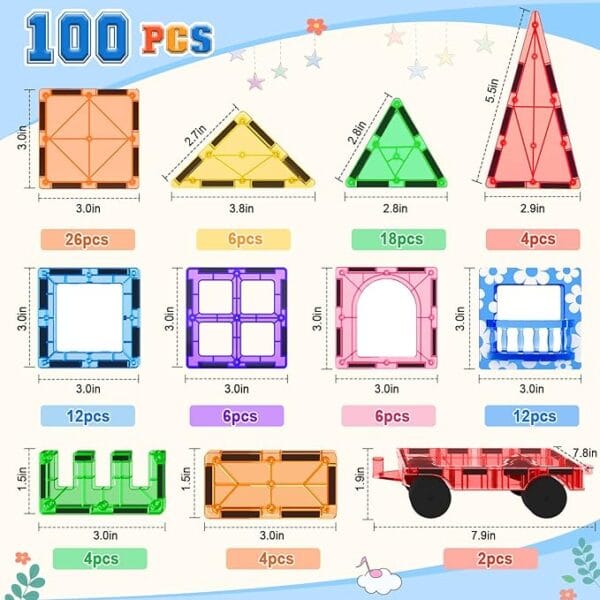 100pcs magnetic tiles stem building toys set with 2 cars